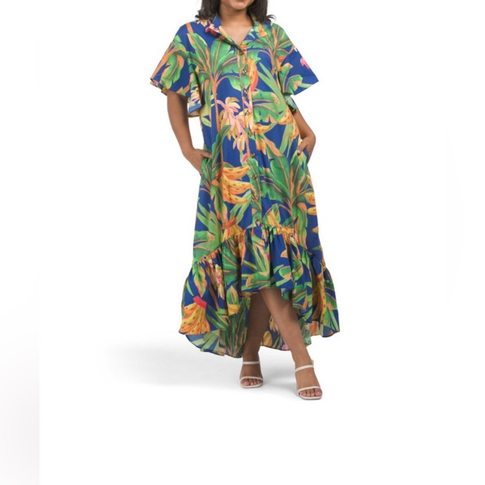 FARM RIO Banana Forest Midi Chemise Dress In Multi